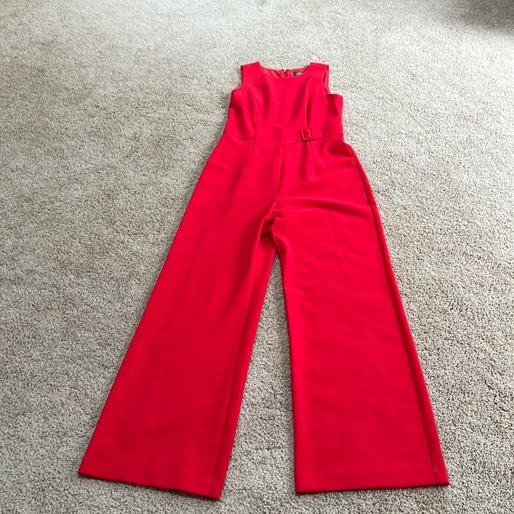Vince Camuto SZ 6, red crepe buckle jumpsuit.